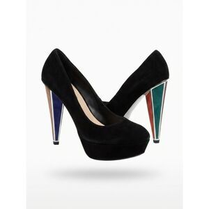 Bebe Black Suede Platform Pump with Triangular Color-Block Heel Size 8M